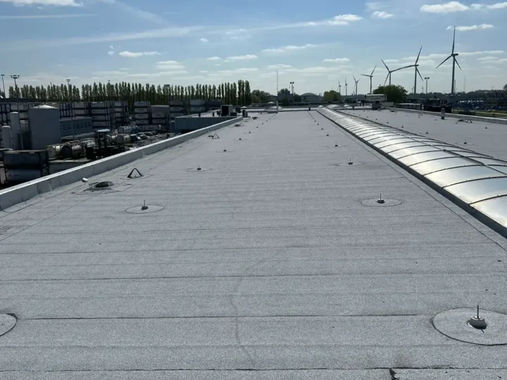 Witte dakbedekking met windmolens op de achtergrond