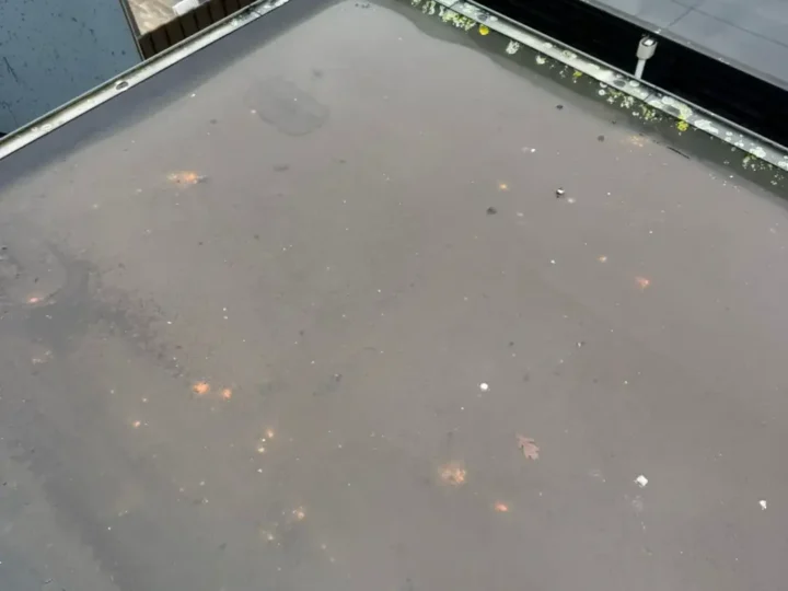 De oude EPDM op de dakkapel, vervuild en met mos langs de rand
