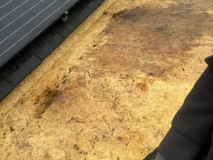 OSB-ondergrond met vochtplekken na het slopen van de EPDM
